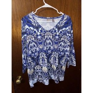 Chicos 3 Womens Blue Paisley Long Sleeve Blouse Size XL